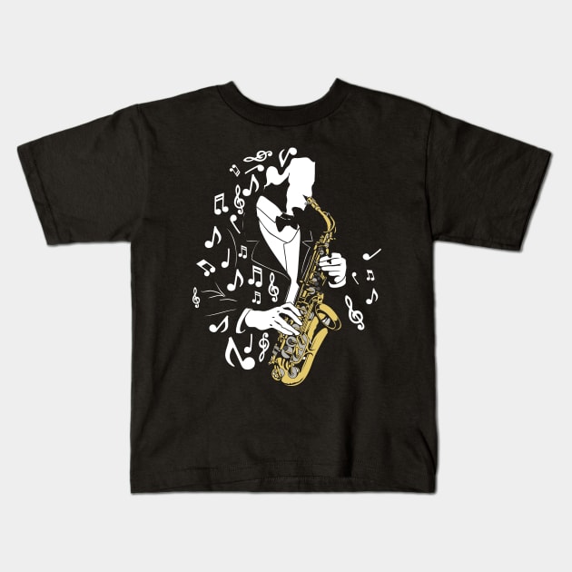 Jazz musician with saxophone Kids T-Shirt by Foxxy Merch